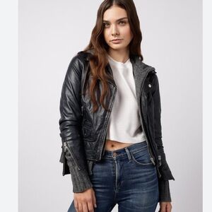 Doma Women's Leather Moto Biker Jacket Detachable Black knit Hoodie Size M